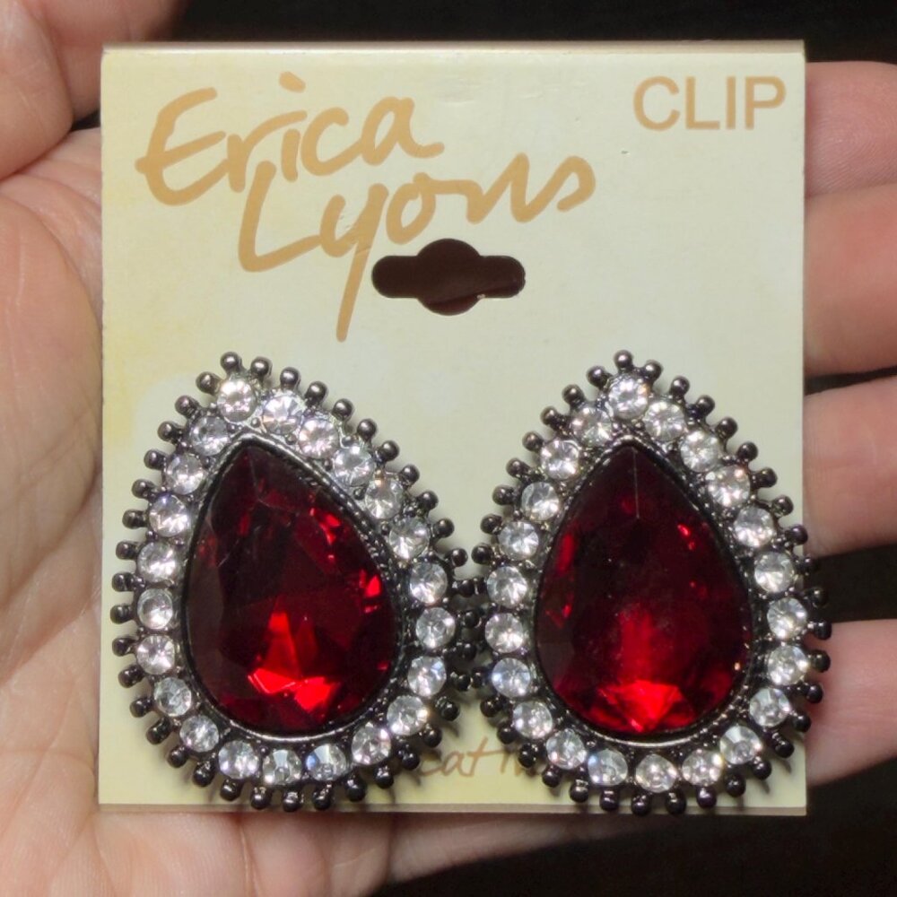 Erica Lyons Red Teardrop Rhinestone Clip Earrings Vintage NOS 1.5”